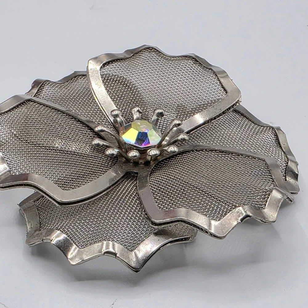 Vintage BED Silver Tone Mesh Flower‎ Brooch Aurora Borealis AB Rhinestone Pin